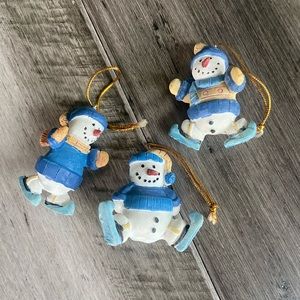 Set of 3 Vintage Mini Minature Skating Snowman Ornaments